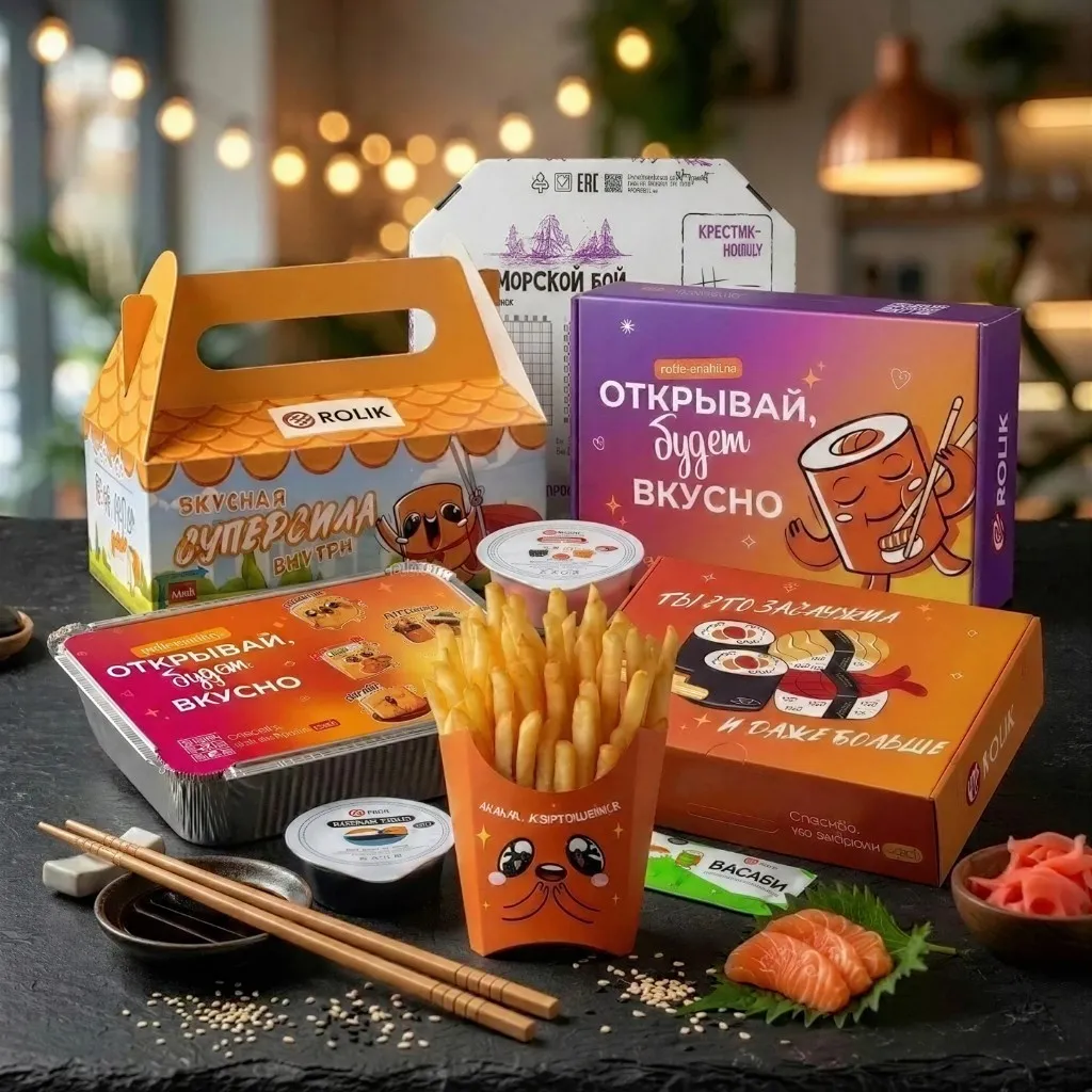 Полный сет фирменной упаковки ROLIK: коробки, ланч-боксы и соусы